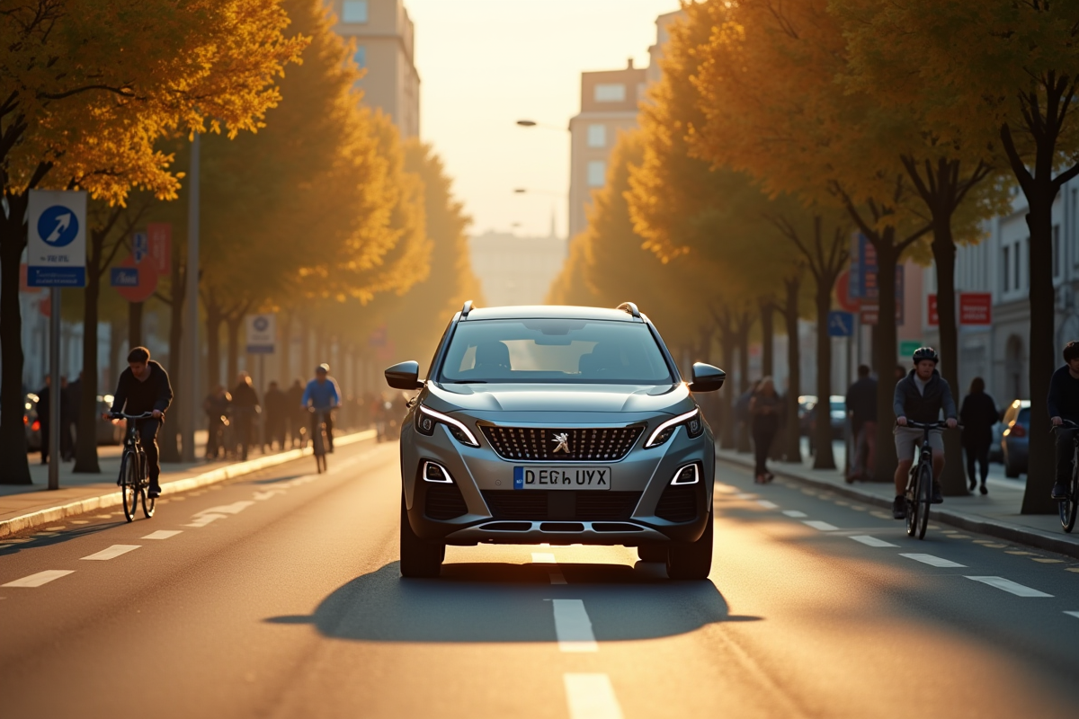 Peugeot 3008 hybride en ville au lever du soleil