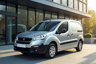 Voiture Peugeot Partner Tepee devant un bâtiment moderne