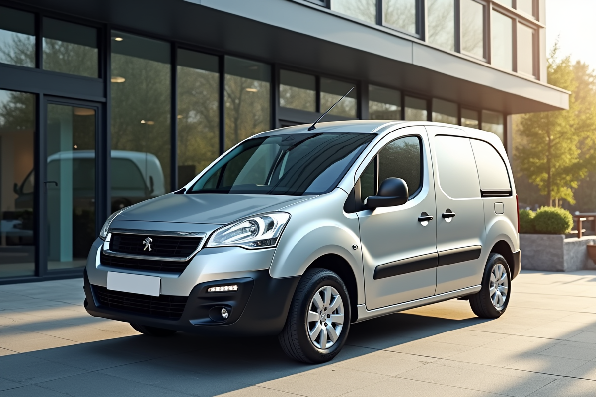 Voiture Peugeot Partner Tepee devant un bâtiment moderne