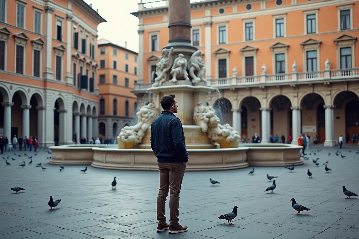 Homme admirant une fontaine baroque dans une piazza historique d'une ville italienne