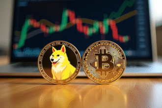 Pièces de cryptomonnaies Dogecoin et Bitcoin côte à côte
