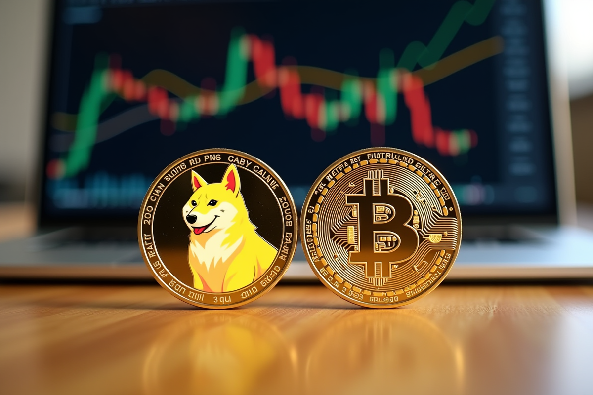 Pièces de cryptomonnaies Dogecoin et Bitcoin côte à côte