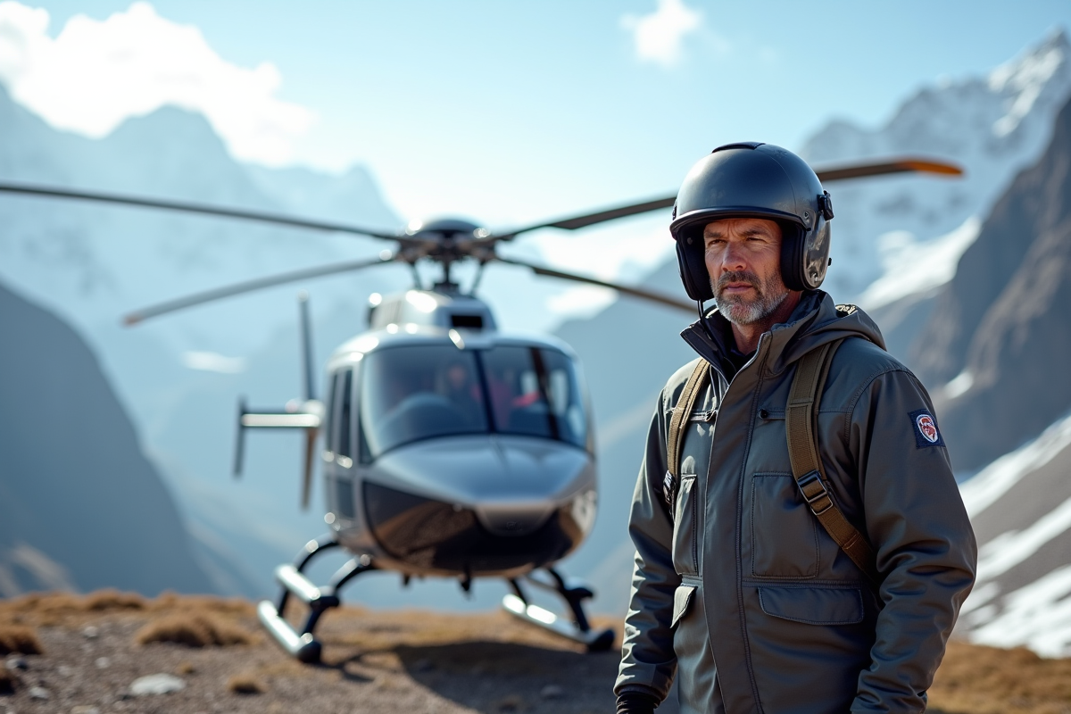 Pilote d'hélicoptère en montagne avec hélicoptère de recherche