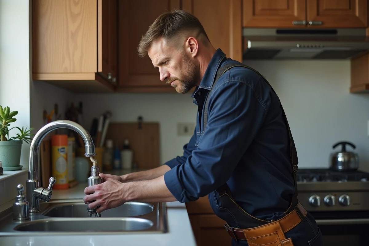 Plombier professionnel inspectant des tuyaux sous un évier de cuisine