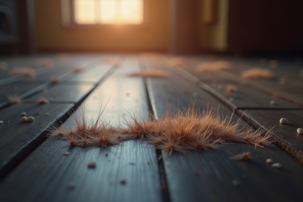 Particules de poils de chien sur un sol en bois foncé en gros plan