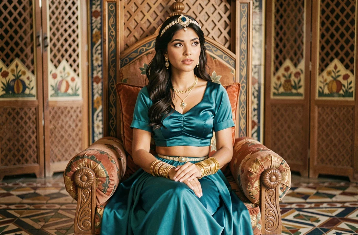 Femme incarnant la princesse Jasmine assise sur un trône orné avec décor de palais marocain et carrelage géométrique coloré
