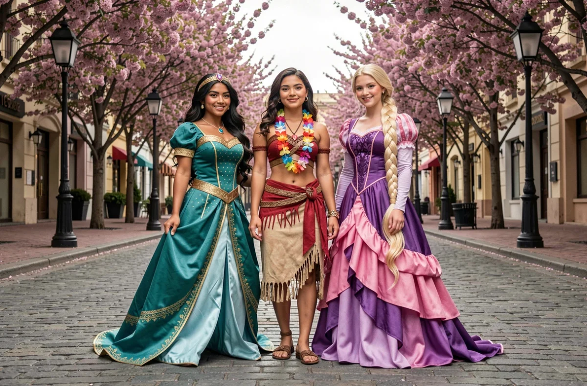 Trois femmes déguisées en princesses Disney modernes Jasmine Vaiana et Raiponce posant ensemble sur une place pavée fleurie