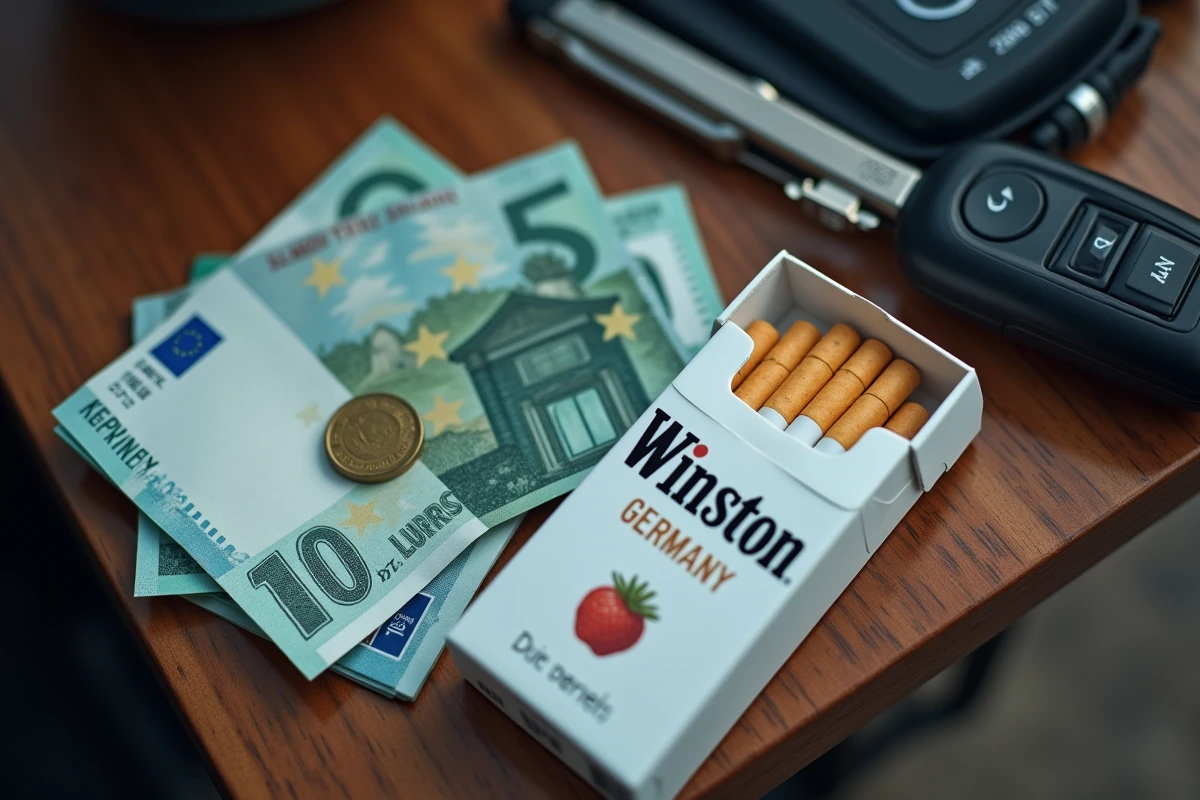 Pack de cigarettes Winston posé sur une table avec des euros et un reçu allemand, symbolisant le coût pour les frontaliers