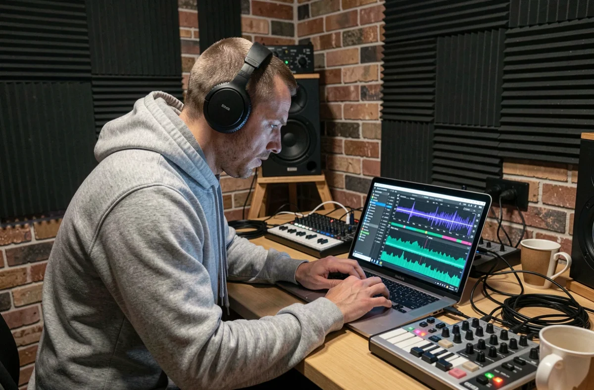 Producteur de musique techno en home studio analysant des courbes BPM et d'énergie sur son logiciel de création musicale