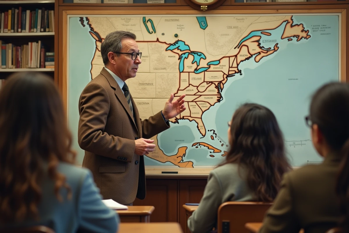 Prof d'histoire du 19e siecle devant une carte
