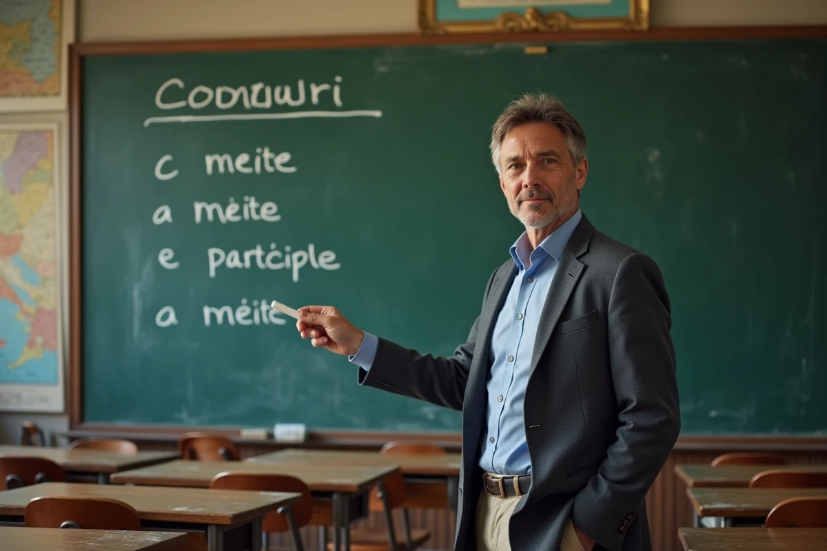 Professeur de français devant un tableau noir expliquant la conjugaison du verbe mettre et l'accord du participe passé