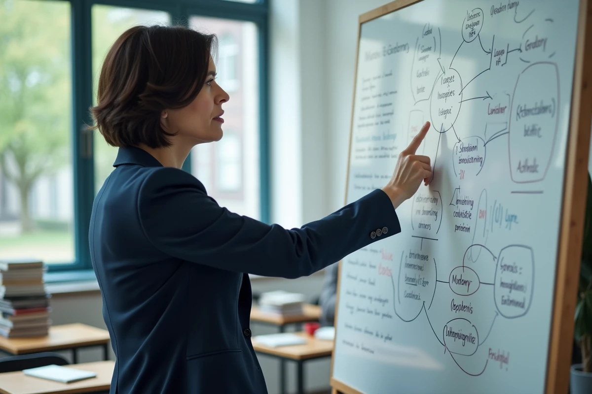 Professeure universitaire expliquant un terme paradigmatique devant un tableau blanc rempli de concepts académiques interconnectés