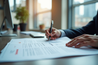 Professionnel d'affaires analysant un document de la convention 51