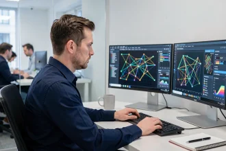 Professionnel informatique analysant des résultats de scan réseau Epsilon sur deux moniteurs dans un bureau moderne