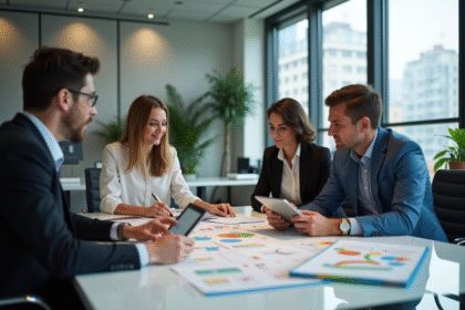 Quatre professionnels en réunion dans un bureau moderne