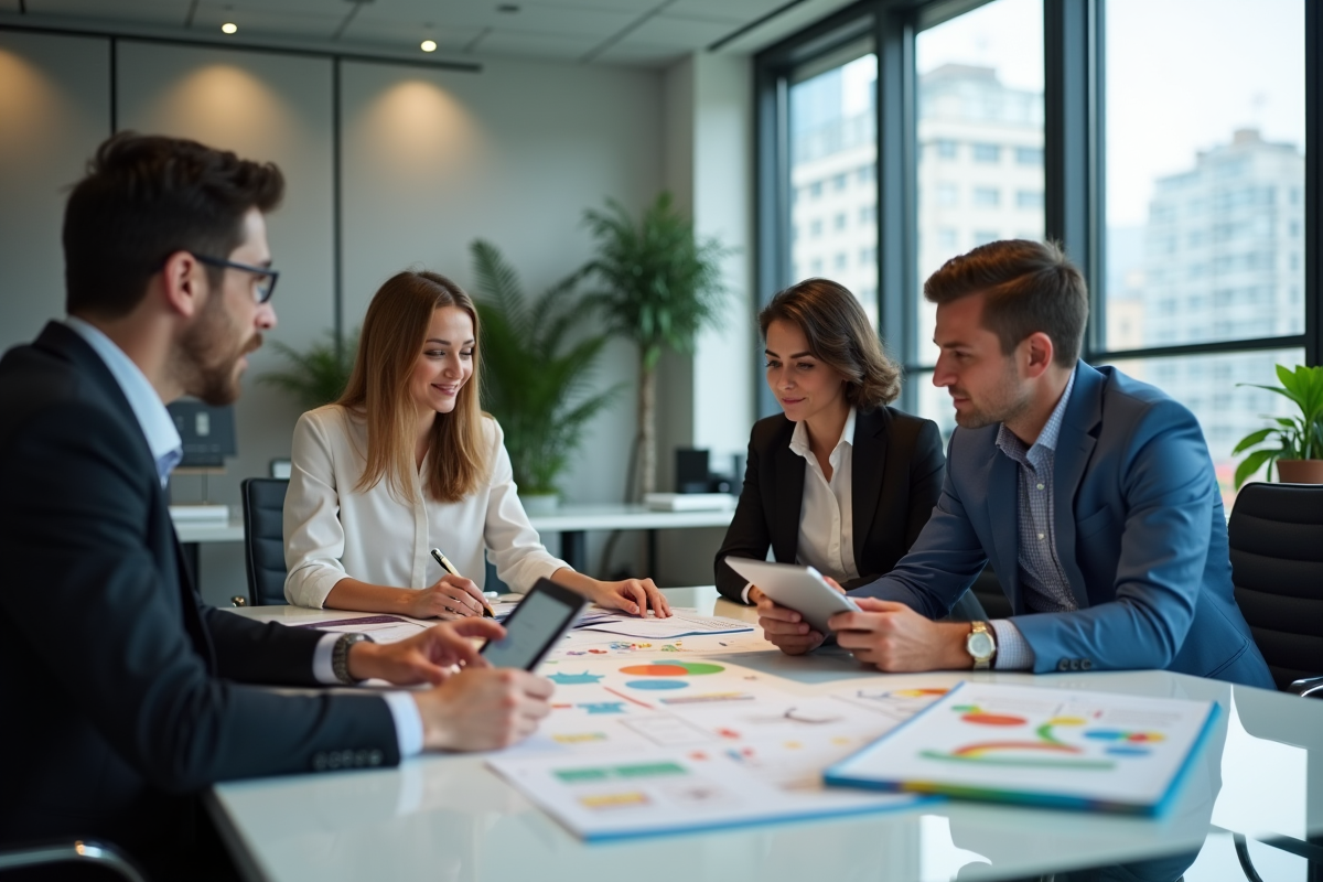Quatre professionnels en réunion dans un bureau moderne