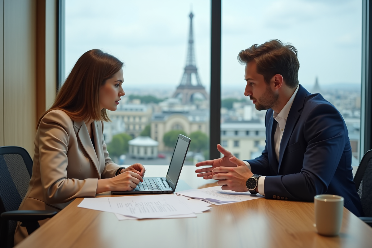 Deux professionnels discutent de documents juridiques dans un bureau parisien