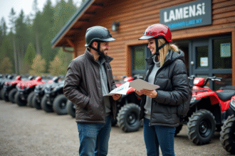 Homme et femme devant des quads en concession