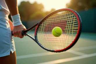 Raquette de tennis avec cordage vibrant tenue par un athlète concentré
