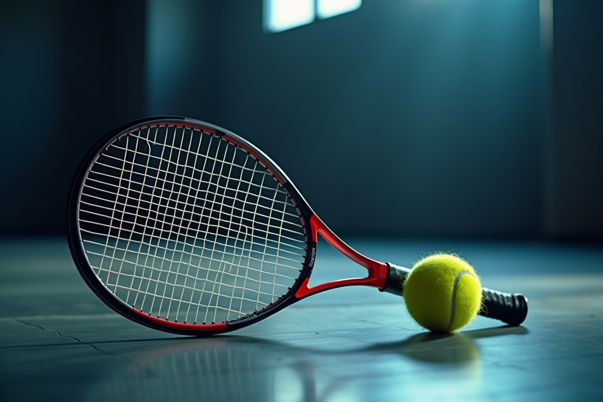 Raquette de tennis hightech avec balle jaune sur surface intérieure moderne