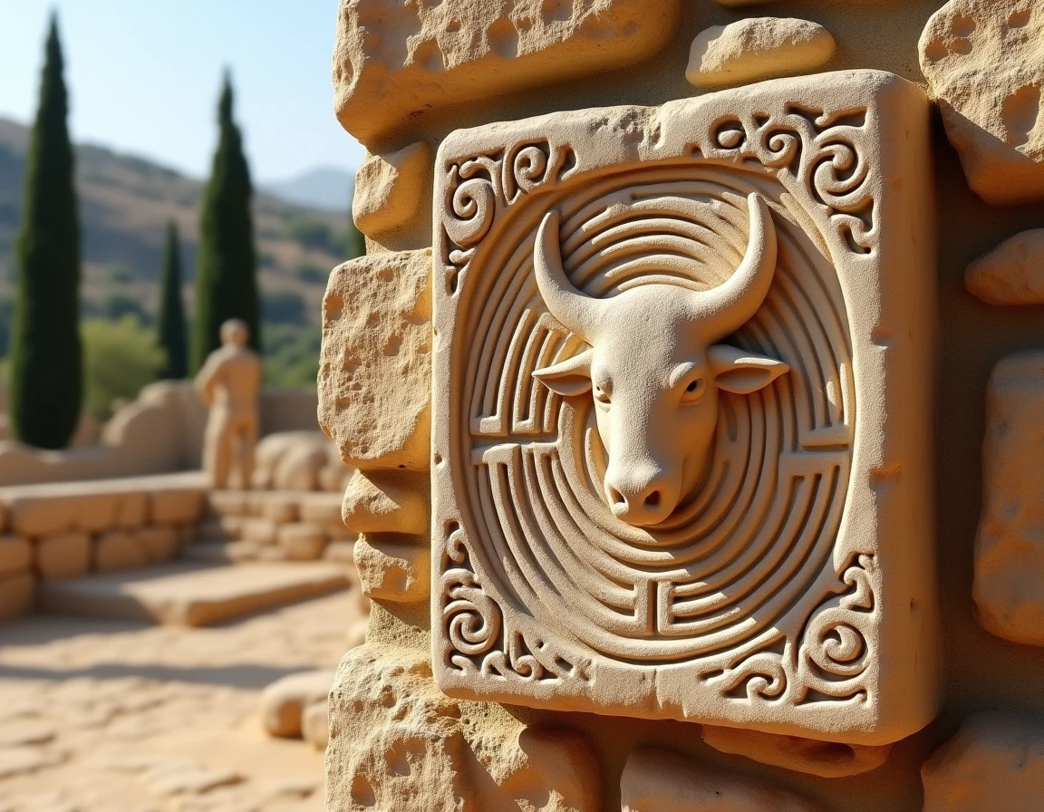 Relief en pierre gravé de motifs minoens représentant une tête de taureau et un labyrinthe dans un site archéologique méditerranéen