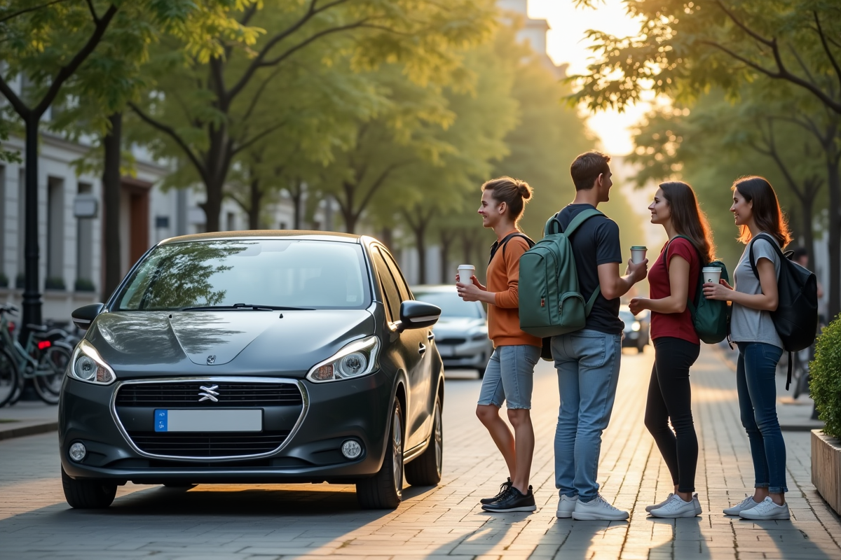 Personnes saluant au point de covoiturage urbain avec voitures et vélos