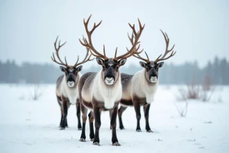 Groupe de rennes dans la toundra arctique enneigée avec leurs bois imposants et leur fourrure épaisse couverte de flocons