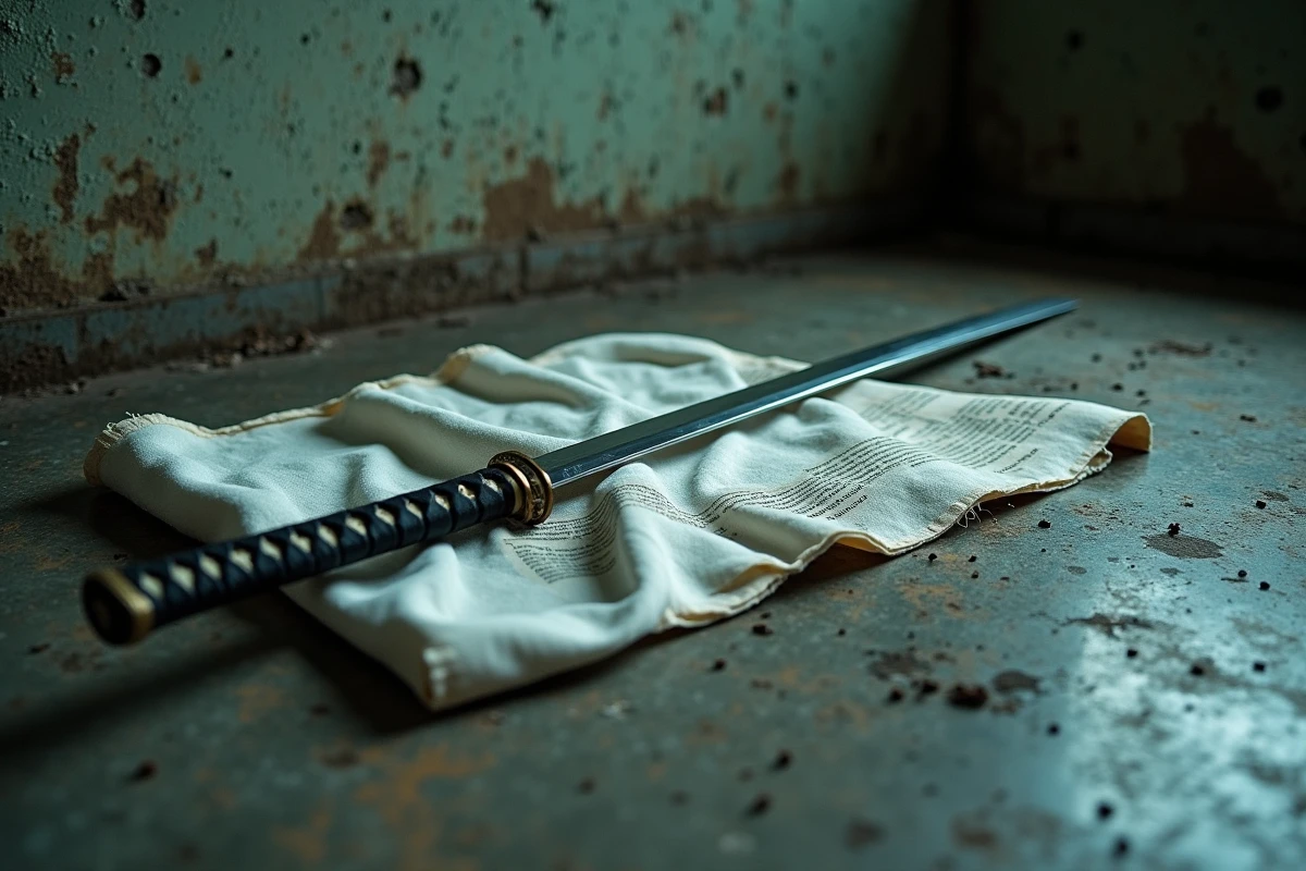 Réplique du zanpakuto d'Ulquiorra posée sur une surface en béton évoquant l'univers sombre de Bleach