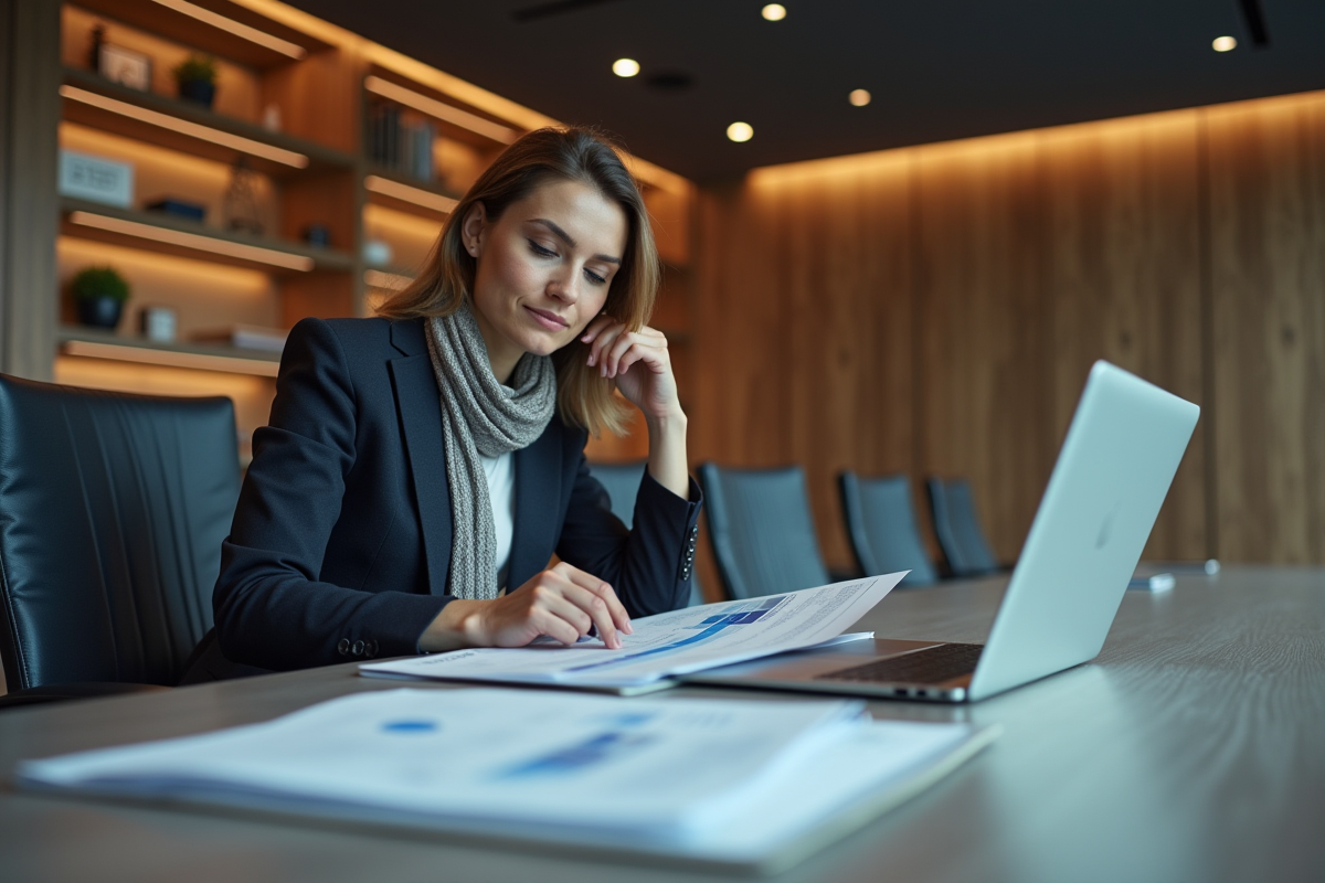 Femme spécialiste cybersécurité examine des rapports en réunion