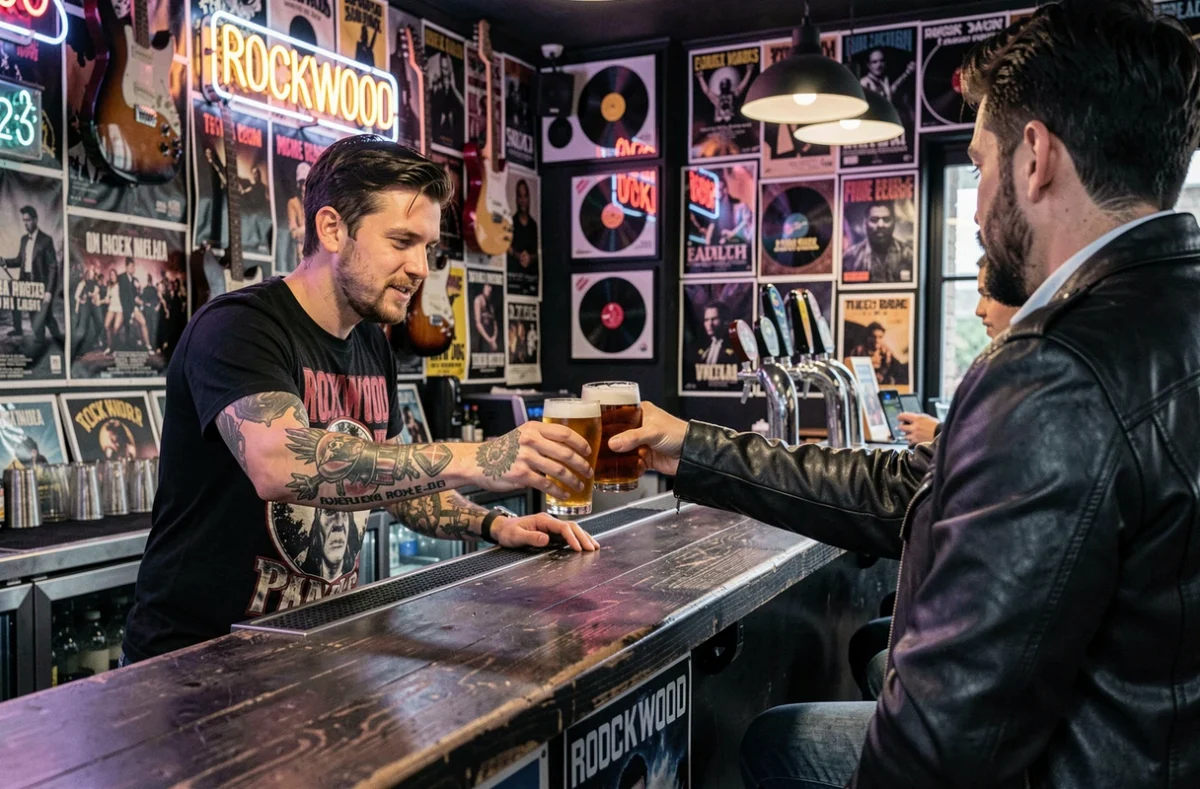 Bar Rockwood à Bordeaux avec décoration rock, guitares et barman tatoué servant une pinte de bière
