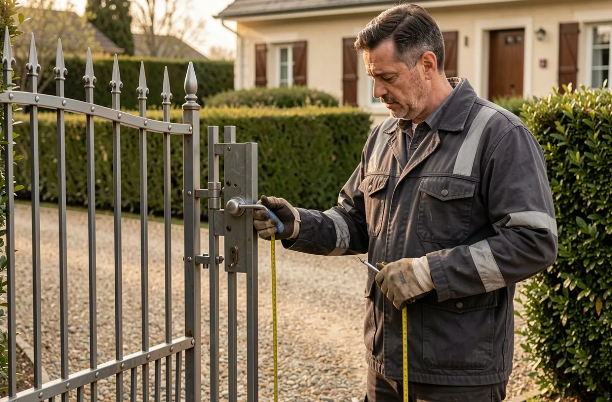 Professionnel RPH installant un portail en fer forgé devant une maison en Essonne