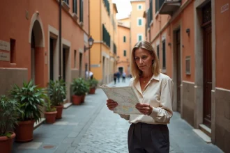 Femme consultant une carte dans une ruelle pavée typique de Rome en Italie