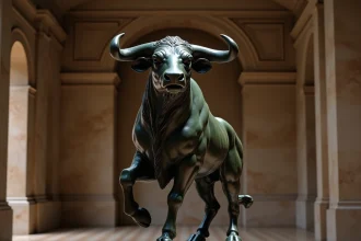 Sculpture en bronze d'un Minotaure dans un musée d'art classique, représentant la mythologie grecque