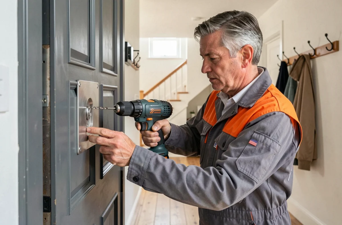 Technicien de sécurité Da Silva installant une plaque de protection de porte en Essonne