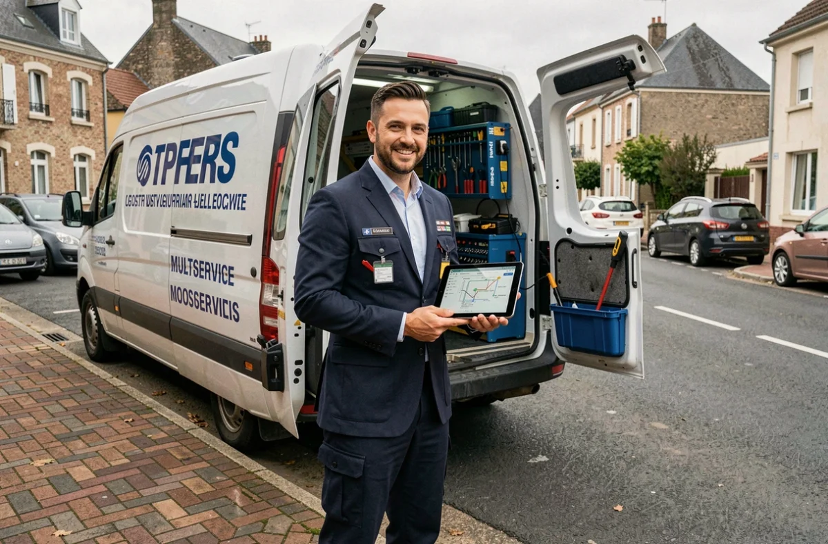 Serrurier multiservice en Essonne devant son véhicule équipé d'outils et systèmes d'alarme
