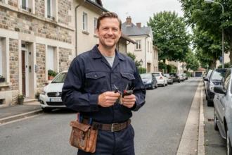 Serrurier professionnel en Essonne devant un immeuble résidentiel en zone pavillonnaire