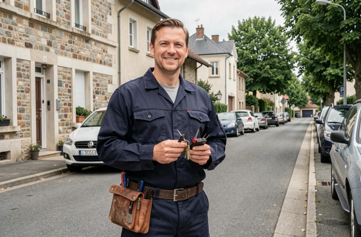 Serrurier professionnel en Essonne devant un immeuble résidentiel en zone pavillonnaire