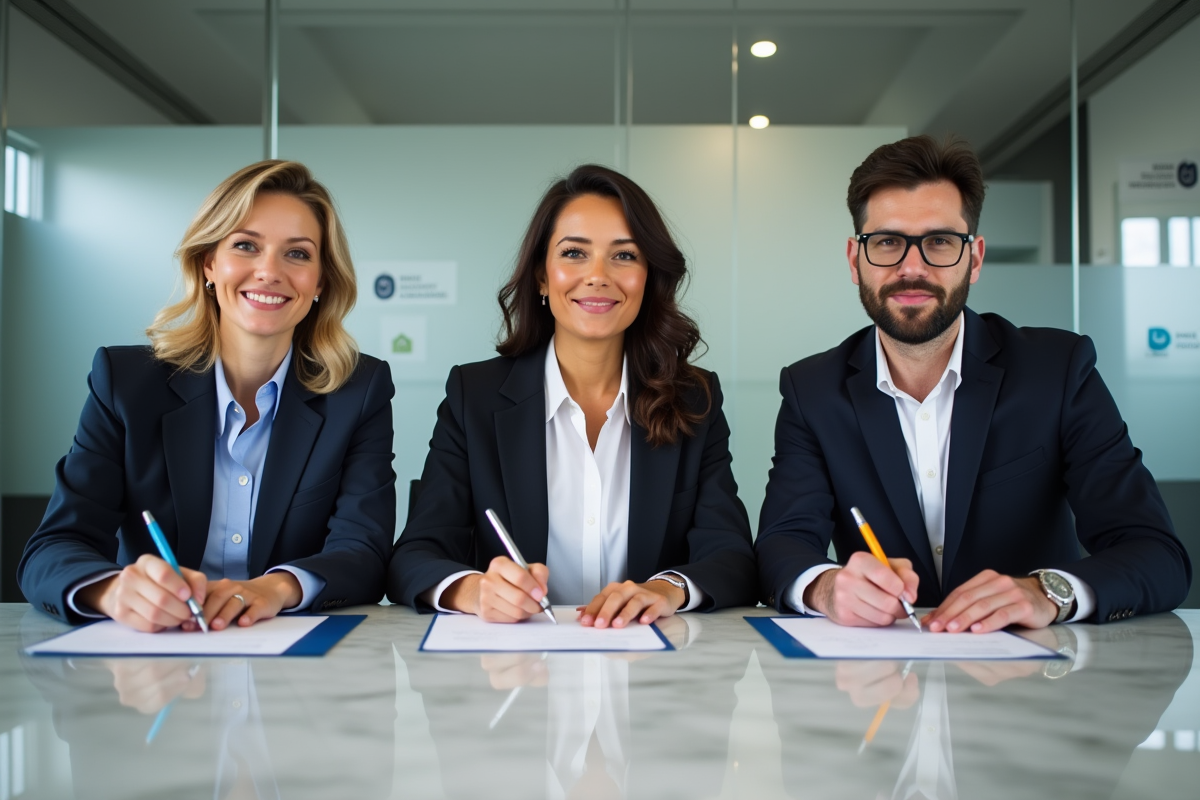 Groupe de personnes signant des documents officiels