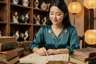 Femme asiatique contemplant des charts astrologiques chinois avec des symboles du Coq pour le signe 1993