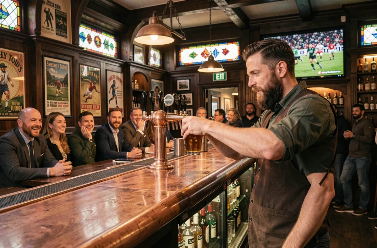 Pub Sweeney Todd's à Bordeaux avec boiseries sombres, tireuses Guinness et barman servant une pinte