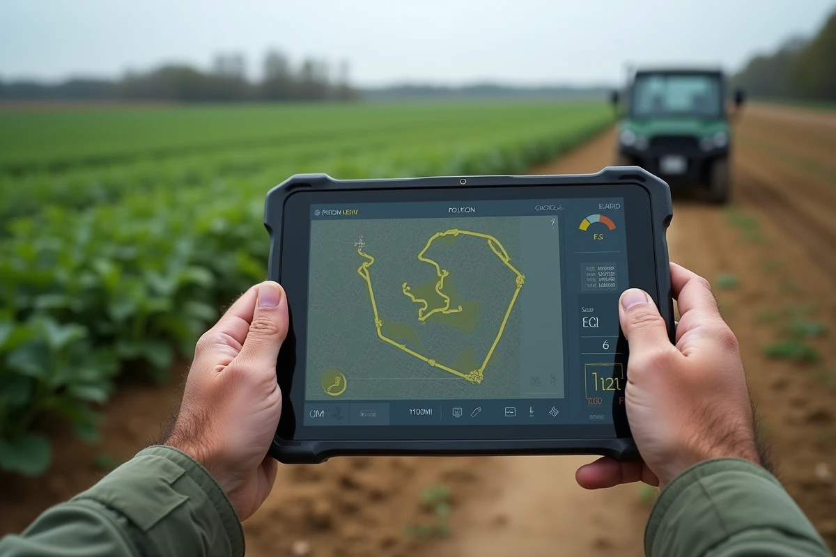 Mains tenant une tablette de terrain affichant un logiciel SIG avec des mesures de surface en hectares et mètres carrés dans un champ agricole