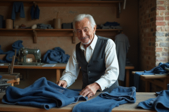 Tailleur âgé inspectant un jean en denim indigo
