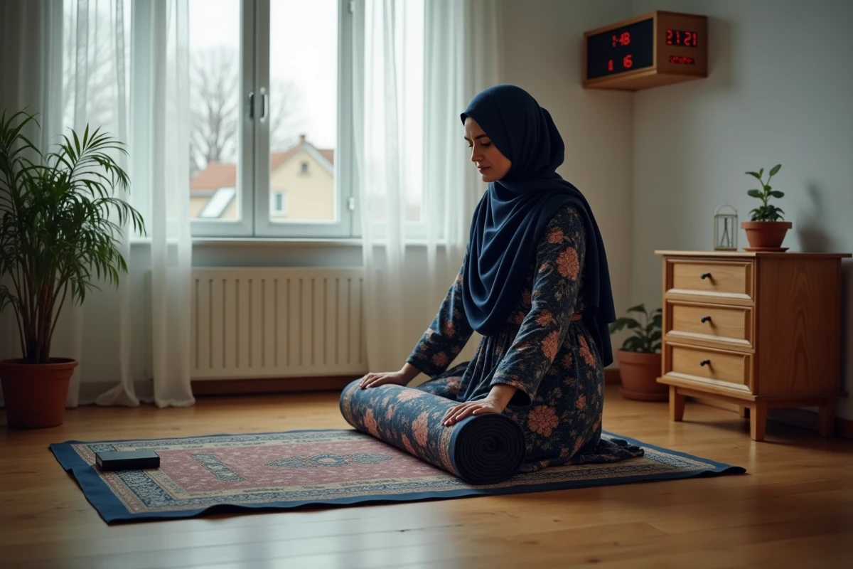 Femme musulmane déroulant son tapis de prière en vérifiant l'heure dans un appartement à Douai