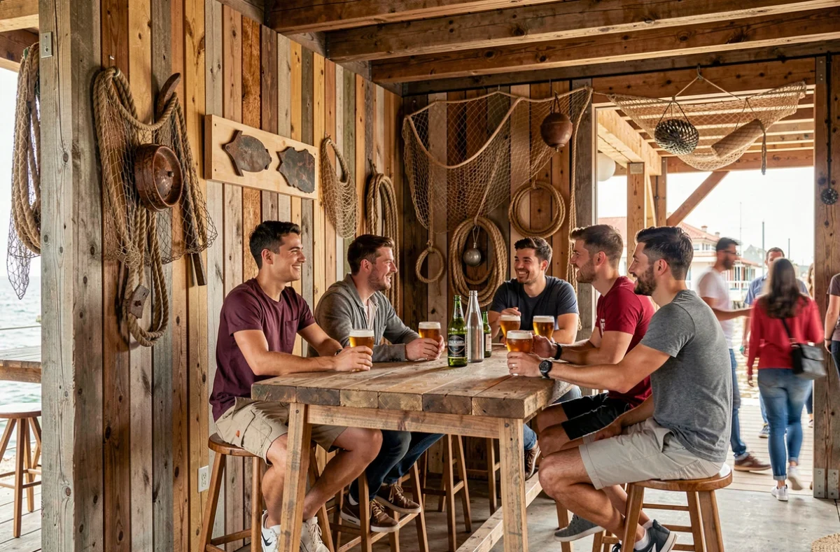 Bar Tchanqué à Bordeaux avec décoration maritime en bois et groupe de clients dégustant des bières artisanales