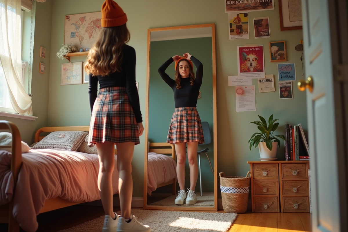 Adolescent nonbinaire ajustant un bonnet dans une chambre chaleureuse