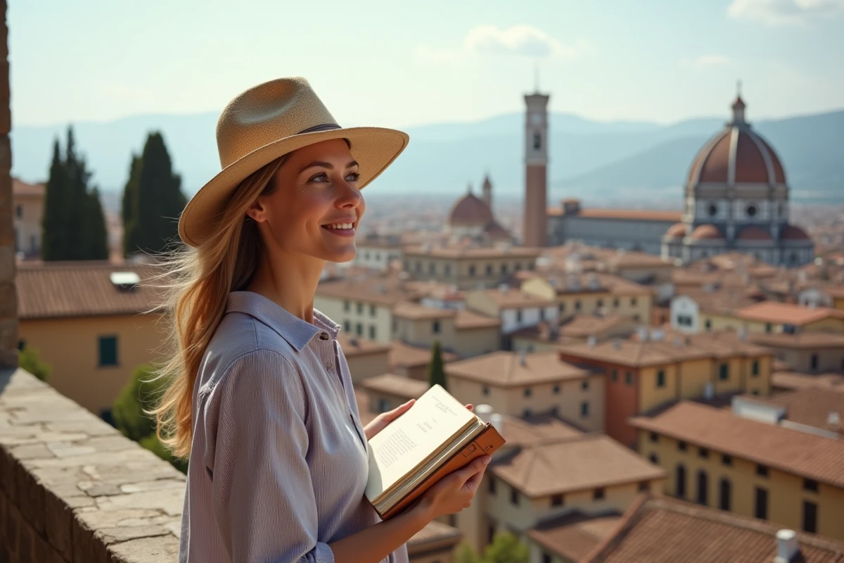 Femme sur une terrasse avec vue panoramique sur les toits en tuiles d'une ville italienne historique