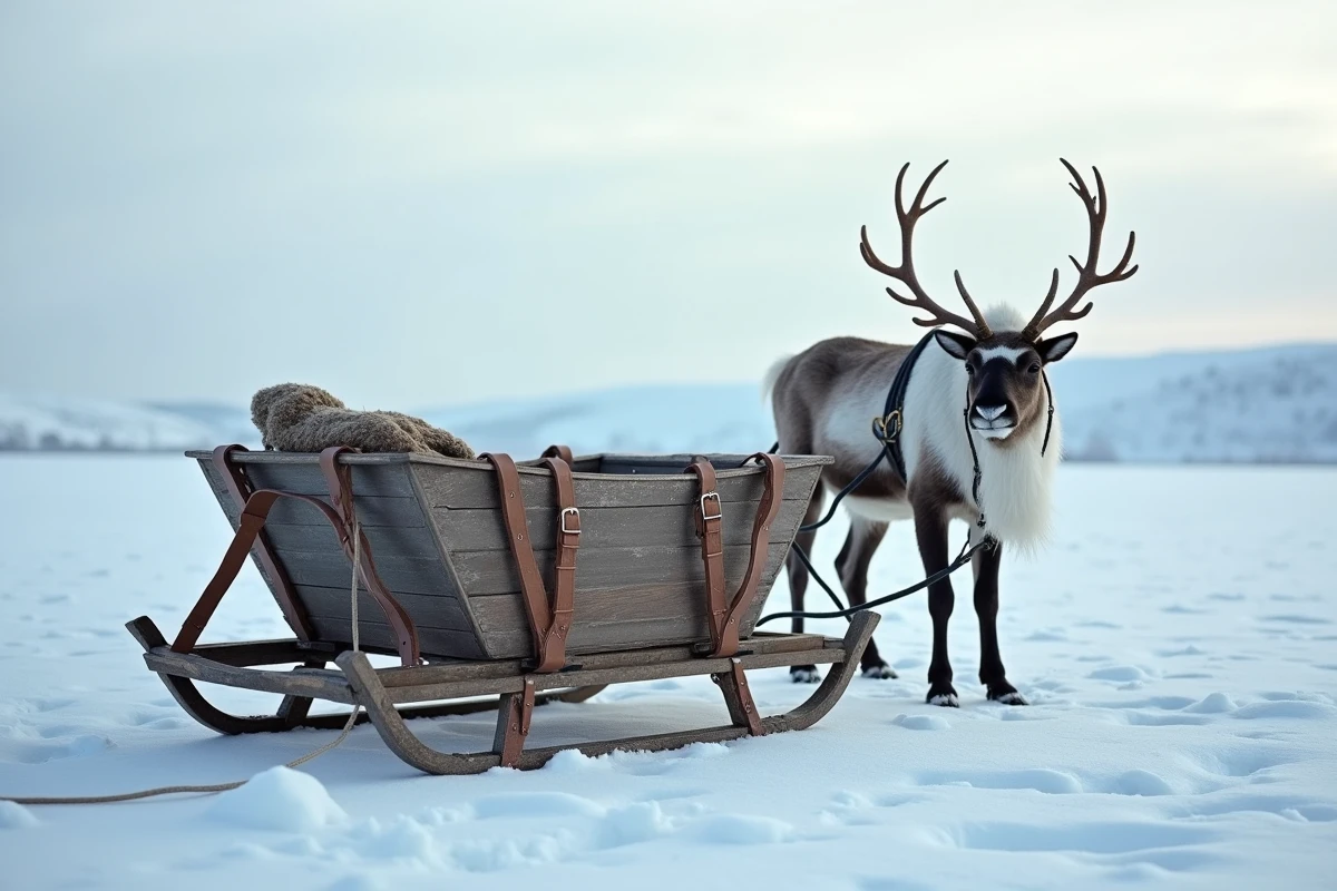Traîneau traditionnel sami en bois attelé à un renne dans un champ enneigé de Norvège du Nord avec harnais en cuir