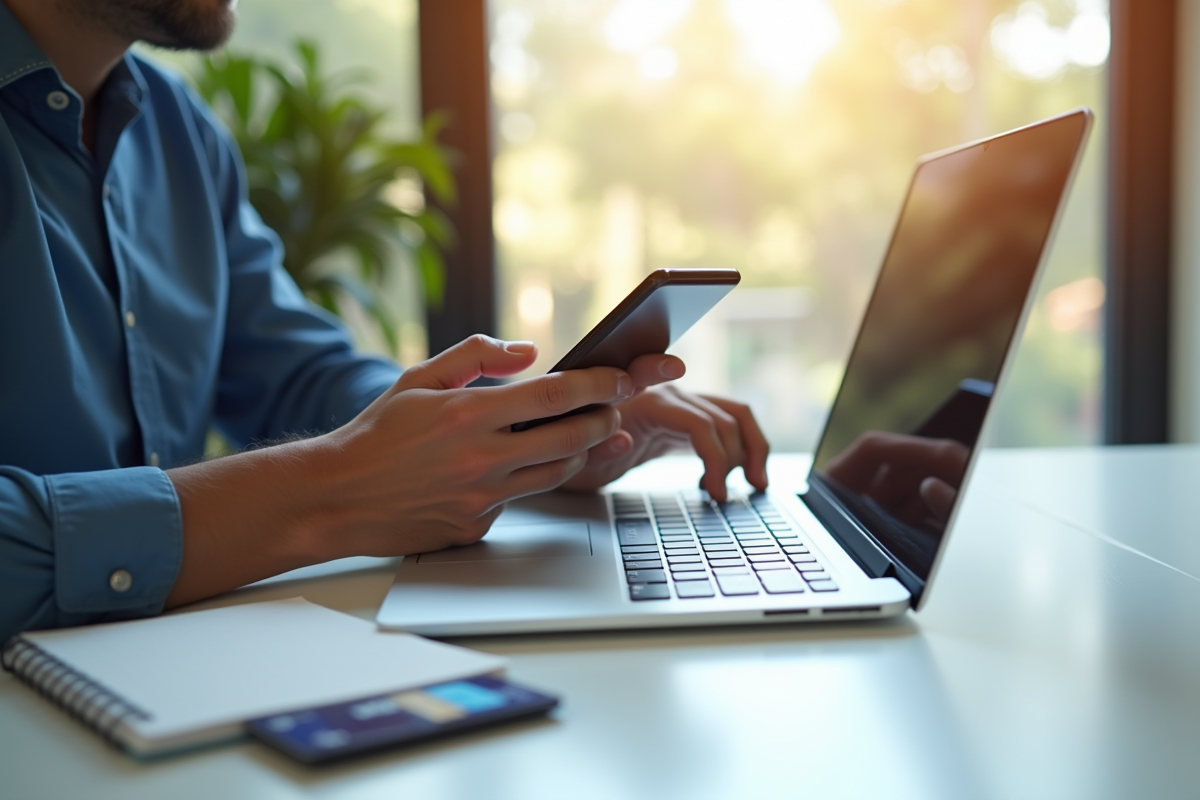 Personne utilisant un smartphone pour un transfert crypto sur un bureau lumineux