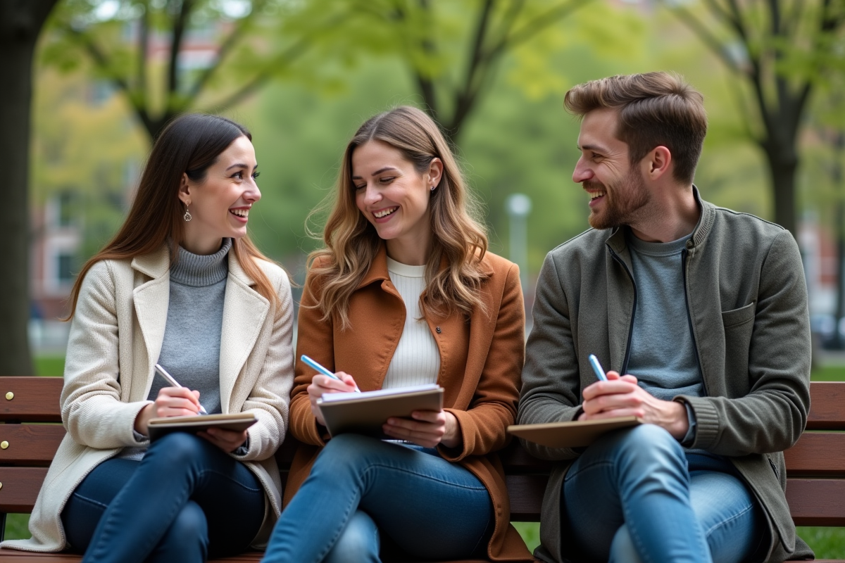 Trois travailleurs sociaux discutant dans un parc urbain