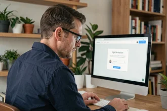 Homme adulte face à un écran affichant une fenêtre de vérification d'âge sur un site internet